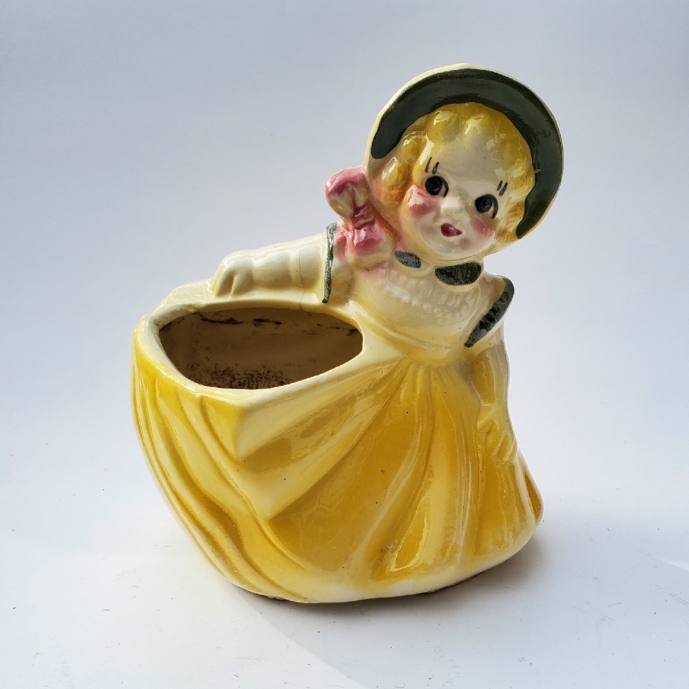 Charming Yellow Ceramic Girl Figurine Planter‎